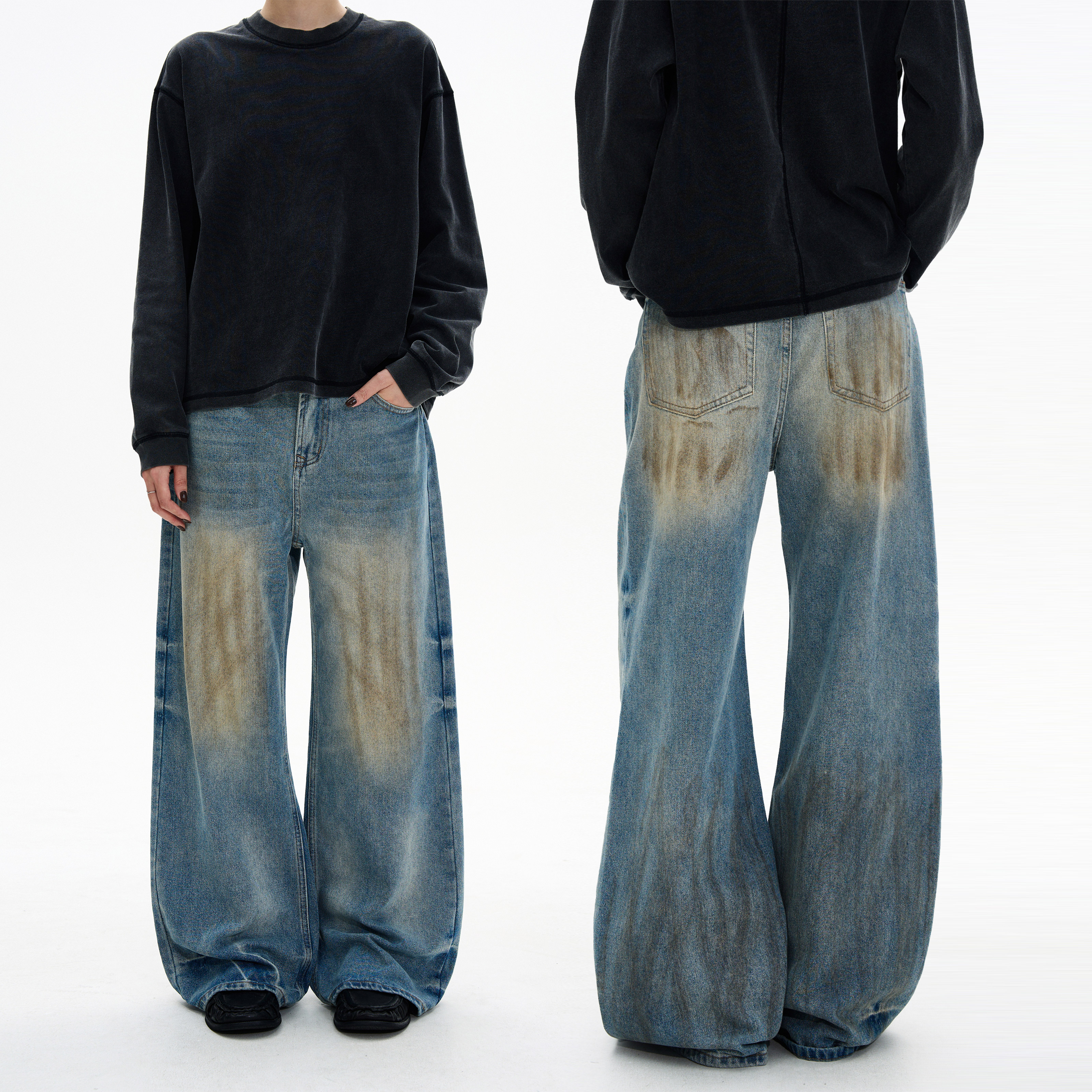 MADWITCH美式复古水洗脏染牛仔裤