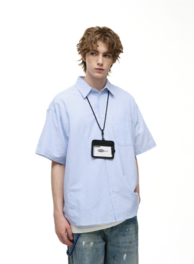 MADWITCH美式休闲经典简约条纹衬衫男女宽松cleanfit蓝色短袖衬衣