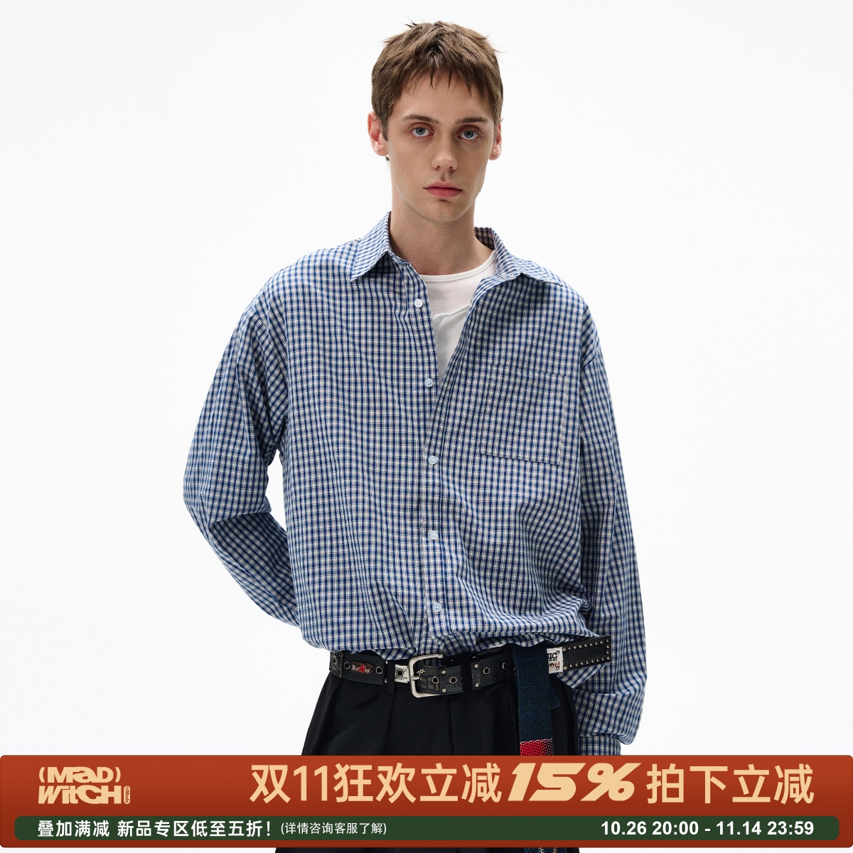 MADWITCH早秋新款美式复古经典格子衬衫男女宽松休闲通勤情侣衬衣