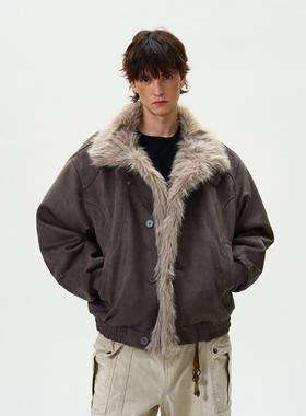 MADWITCH复古做旧座山雕加厚棉服男女宽松解构磨毛高级感毛领外套