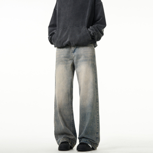 男复古做旧宽松休闲裤 cleanfit水洗直筒牛仔裤 子 美式 MADWITCH新款