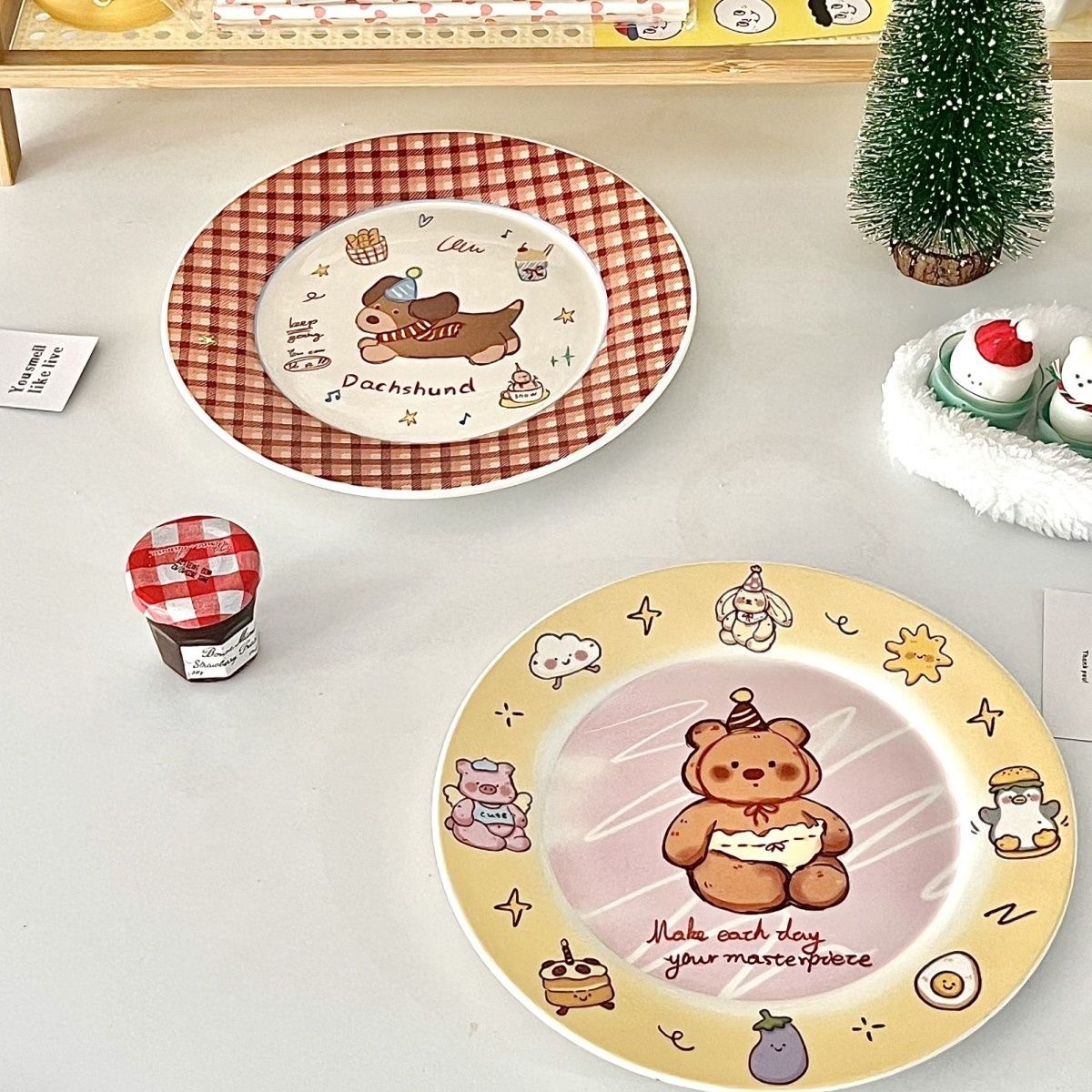 童趣ins风高颜值小熊小狗盘子复古卡通陶瓷餐具甜品盘平盘拍照盘