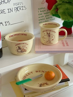 新年餐具ins可爱法式小兔奶油色陶瓷盘甜品盘早餐碗马克杯套装