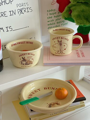 新年餐具ins可爱法式小兔奶油色陶瓷盘甜品盘早餐碗马克杯套装