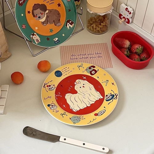 卡通可爱多巴胺小狗盘 ins陶瓷盘子家用早餐盘点心盘餐盘礼物餐盘