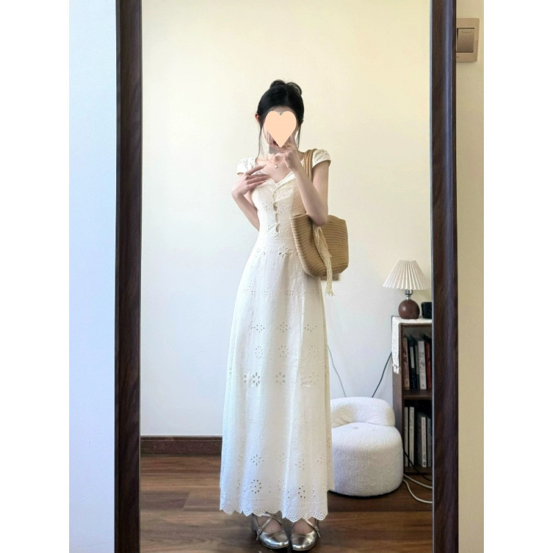 法式初恋长裙漂亮气质连衣裙女夏修身蕾丝拼接漂亮独特绝美小裙子