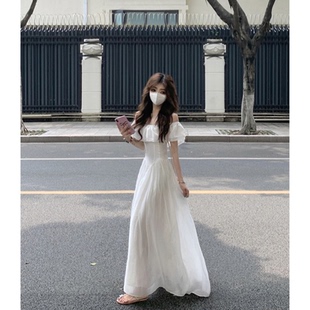 一字肩荷叶边两穿白色小飞袖 法式 连衣裙女夏鱼骨收腰气质初恋长裙