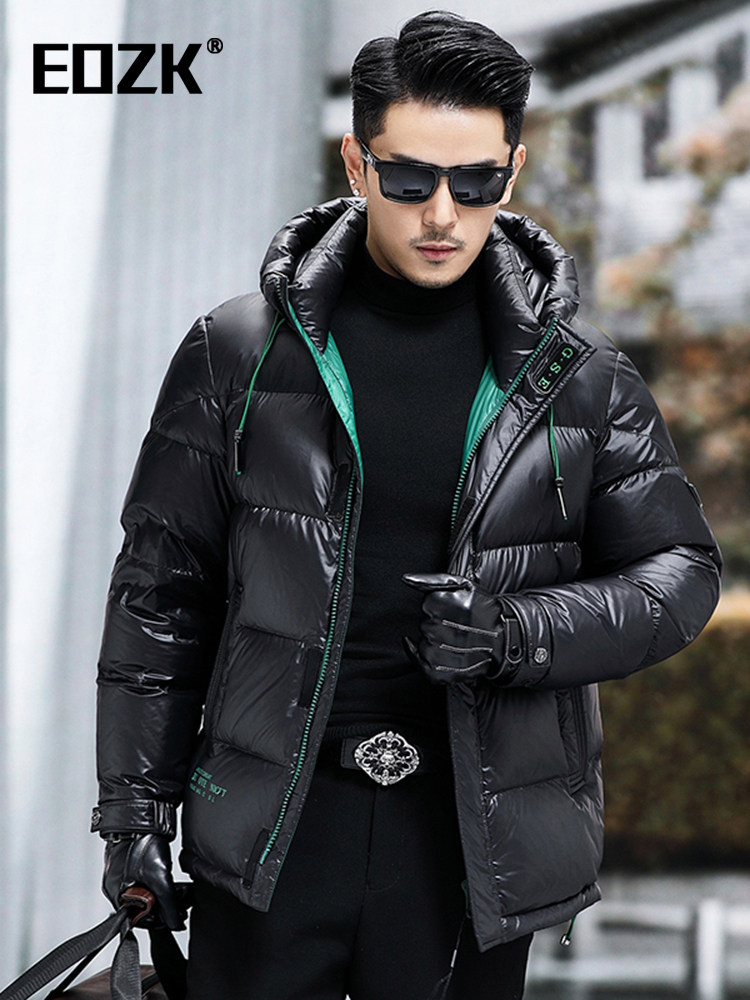 Eozk潮流时尚亮面羽绒服男2025冬季新款男士加厚保暖连帽休闲外套