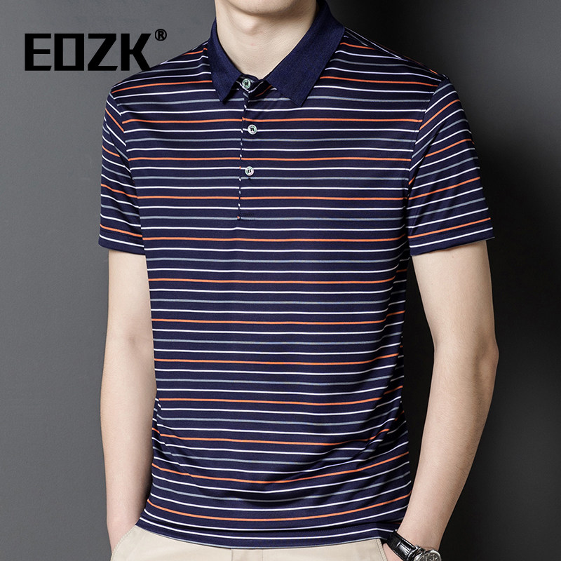 Eozk潮流撞色翻领短袖T恤男2025夏季新款横细彩色条纹男士polo衫