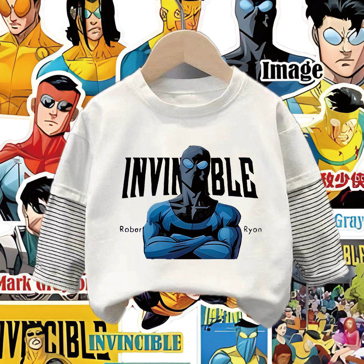 无敌少侠妈妈侠爆款假两件纯棉长袖t恤2026春夏男女童条纹打底衫T