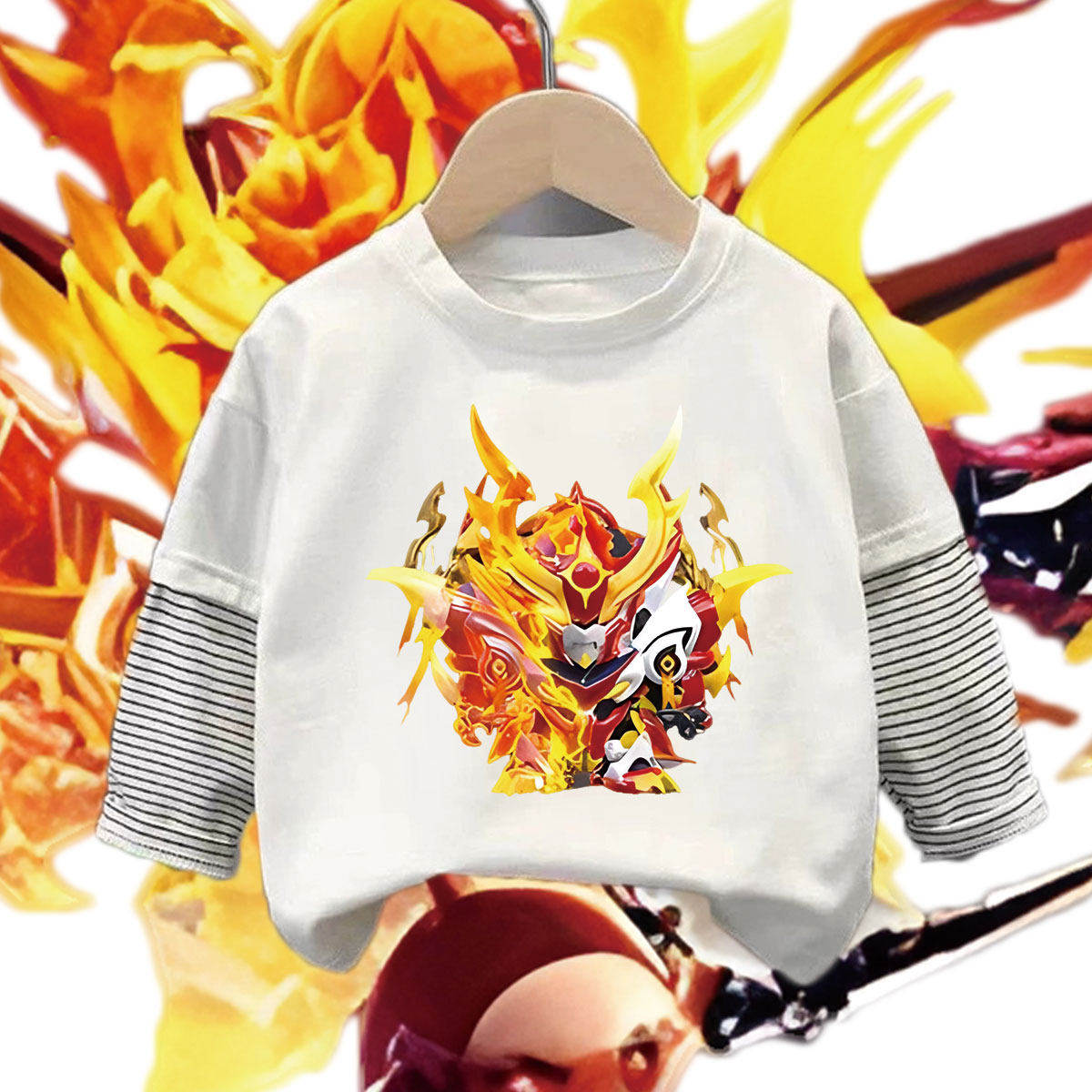 2026春夏爆款假两件纯棉长袖t恤蛋仔火麒麟男女童装条纹袖打底衫T