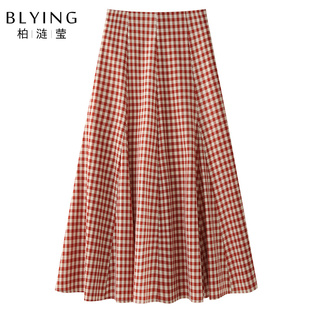 红格子半身裙女2025新款早秋季高腰显瘦a字伞裙气质垂坠感大摆裙