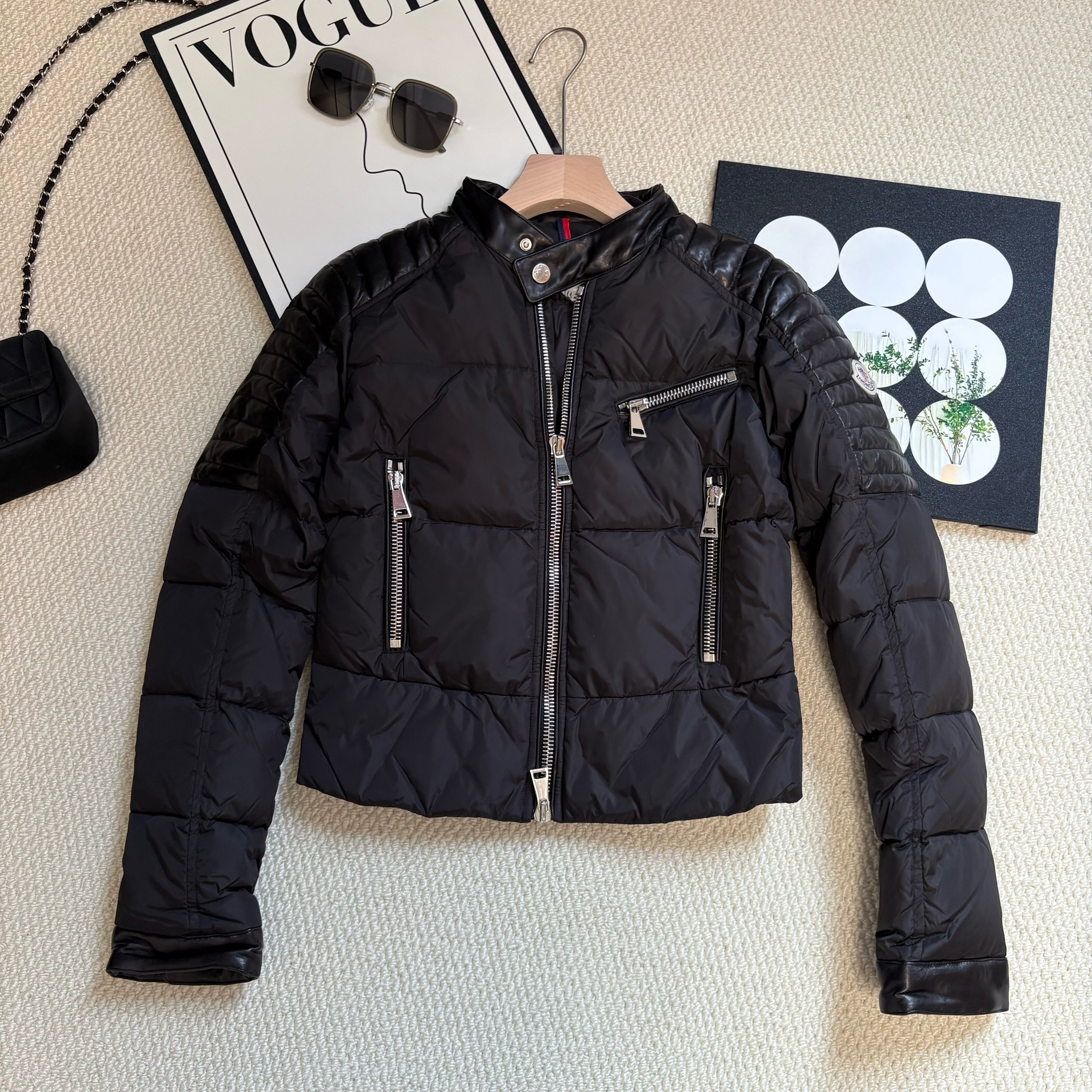 特出！意大利元小羊皮拼接鹅绒羽绒服 机车立领时尚设计感外套