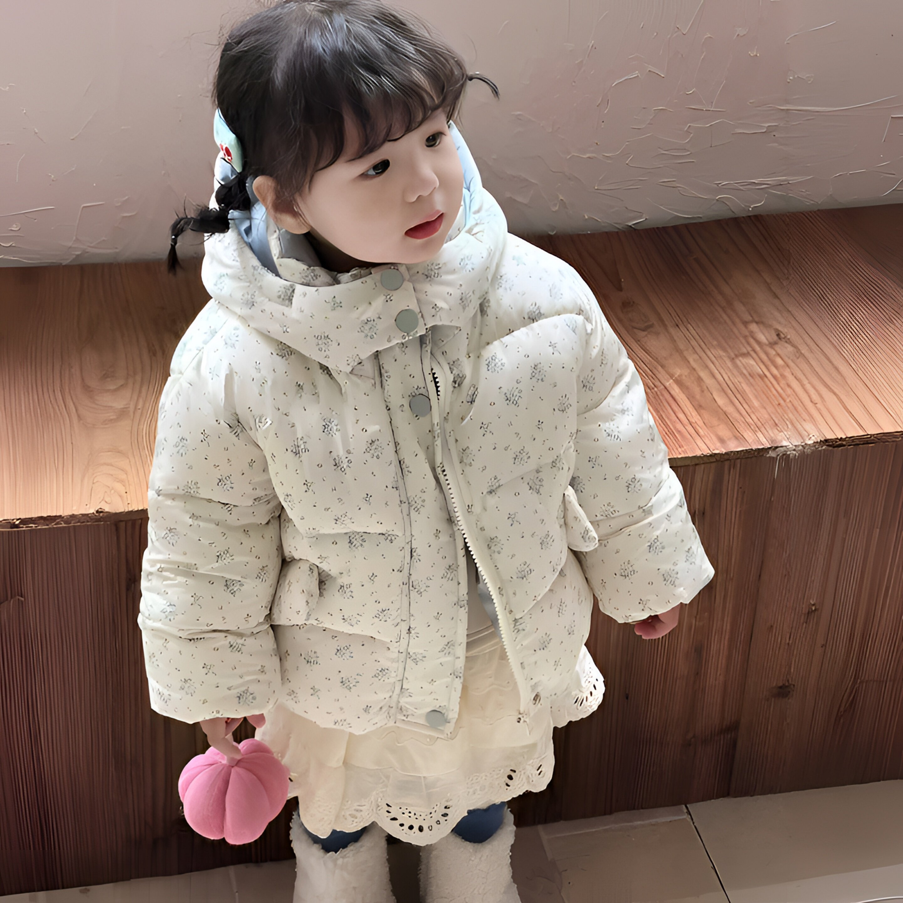 女童2025新款韩版碎花连帽加厚短款棉服保暖宝宝外套小清新棉衣潮