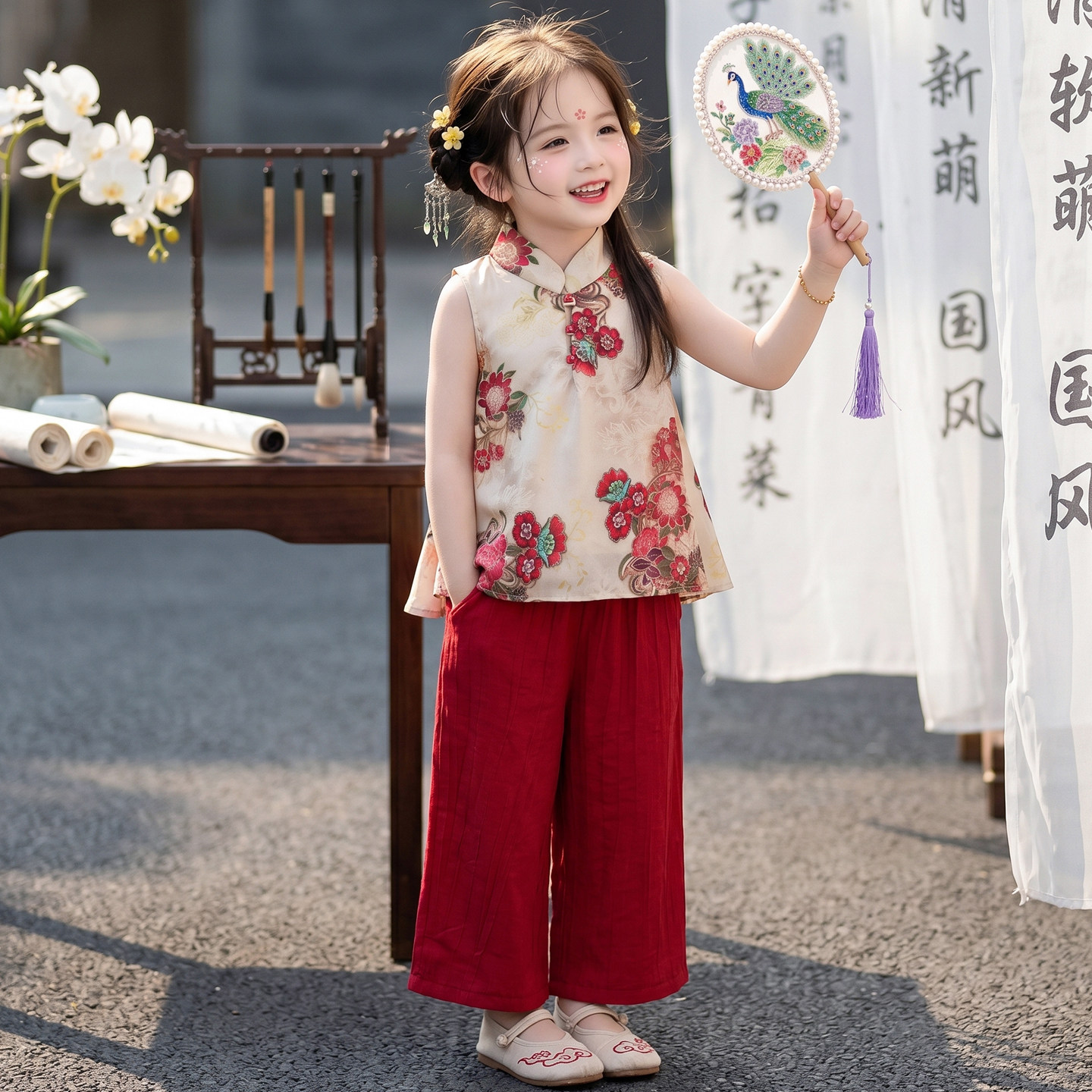 女童新中式汉服套装宝宝夏季新款甜美花卉刺绣无袖上衣两件套国风