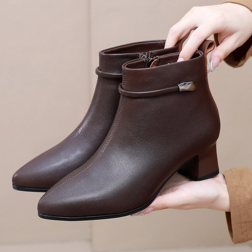 真羊皮气质中年女士靴子通勤短靴