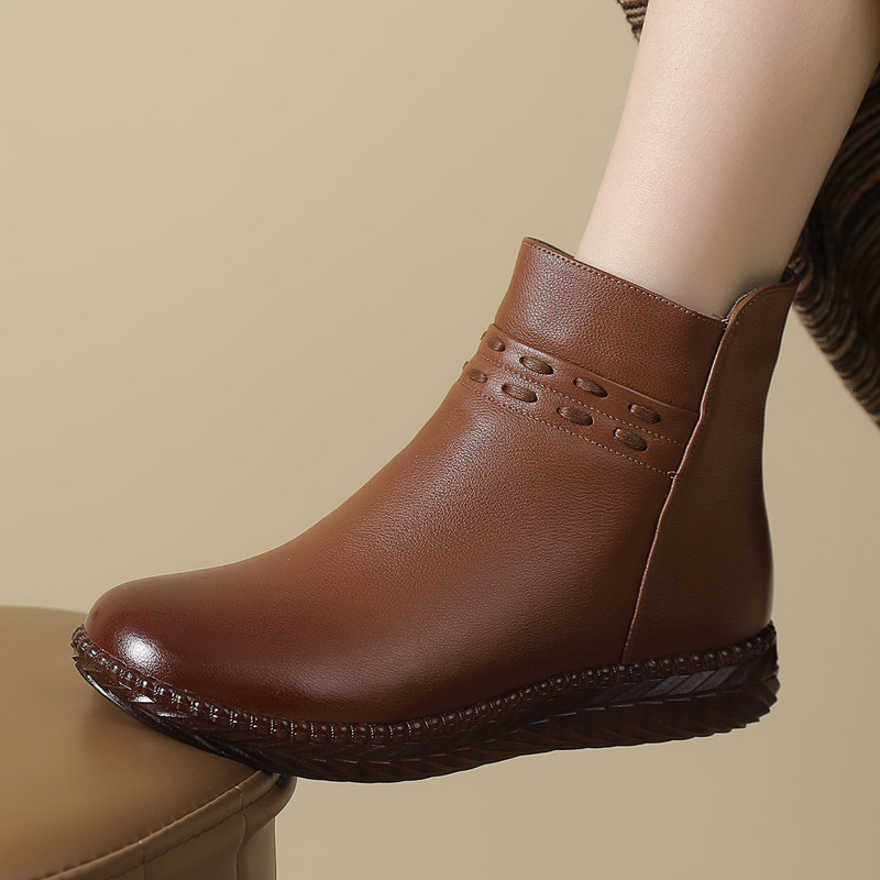 防滑牛筋底中老年妈妈棉皮鞋冬季新款真皮休闲加绒保暖平底短靴女,女鞋,时装靴,淘宝优惠券,粉丝福利购,淘宝优惠卷