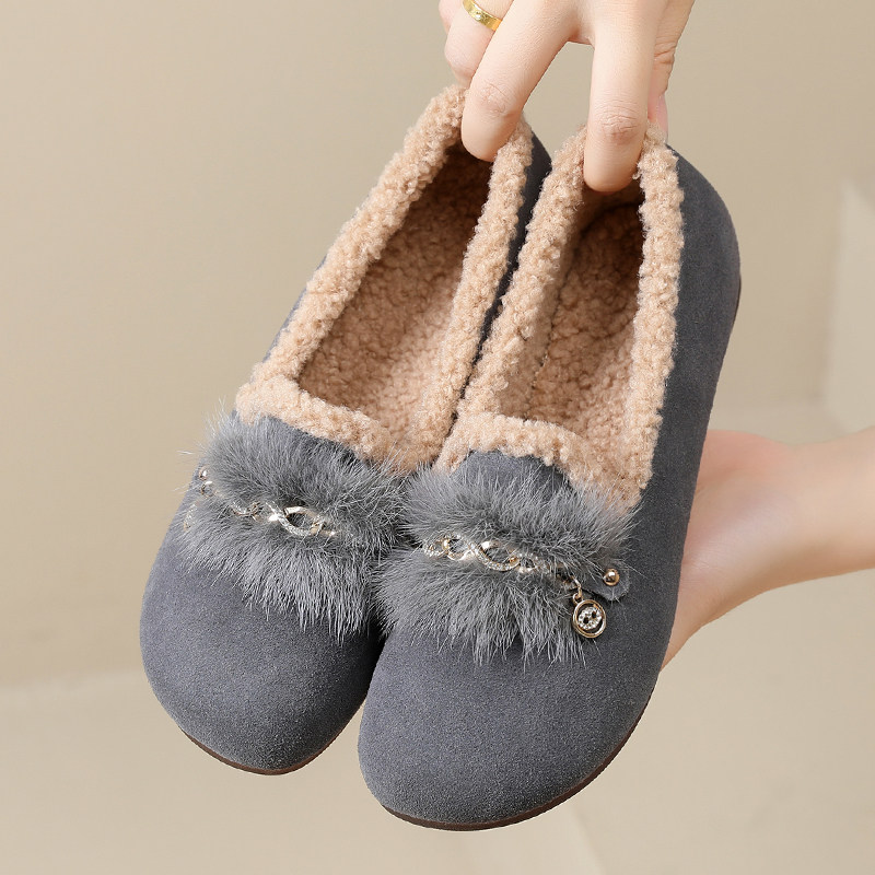 真皮平底豆豆鞋女2025冬季一脚蹬外穿时尚毛毛鞋防滑加绒保暖棉鞋,女鞋,乐福鞋（豆豆鞋）,淘宝优惠券,粉丝福利购,淘宝优惠卷