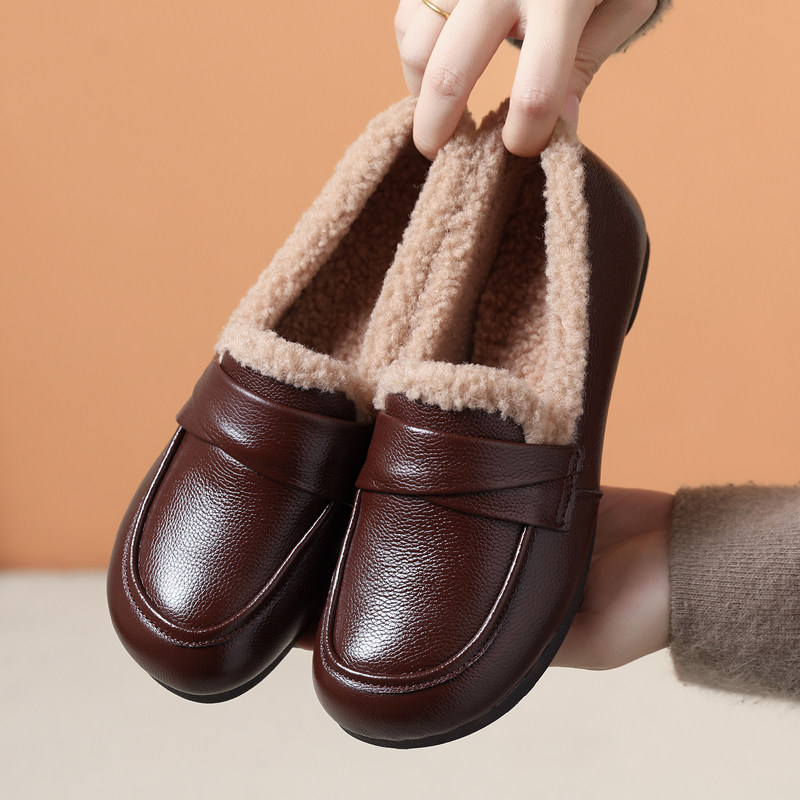 2025秋冬新款平底妈妈棉鞋真皮舒适一脚蹬豆豆鞋女加绒防滑毛毛鞋,女鞋,乐福鞋（豆豆鞋）,淘宝优惠券,粉丝福利购,淘宝优惠卷
