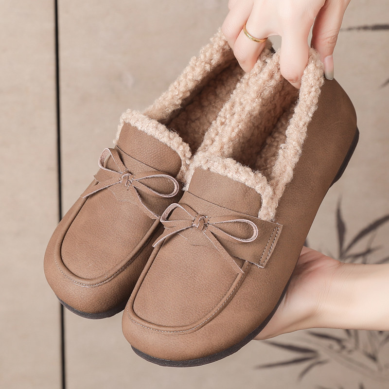 真皮加绒豆豆鞋女鞋软底冬鞋大码