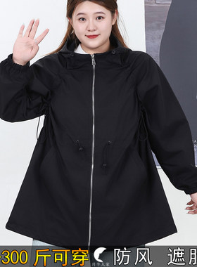 特大码连帽风衣女中长款遮肚收腰