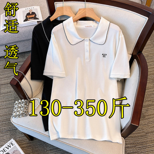 特大码蝴蝶结刺绣正肩T恤女短袖