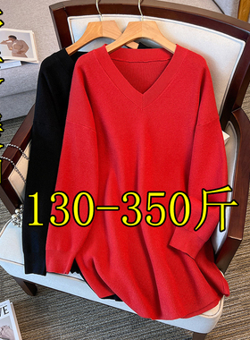 300斤特大码红色中长款针织打底衫女冬200胖mm宽松加肥内搭厚上衣