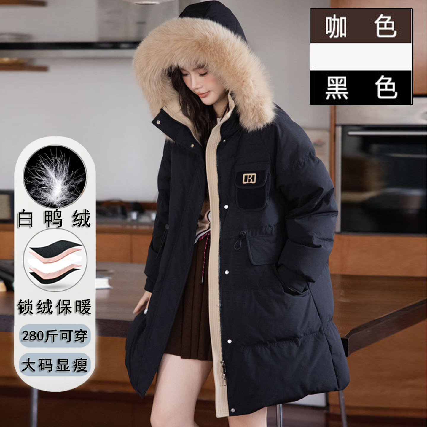 200斤特大码狐狸毛领收腰羽绒服女冬胖mm宽松减龄洋气显瘦外套300