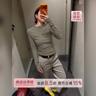 复古军绿色亲肤修身长袖打底衫T恤女2026秋季薄款纯色内搭tee上衣