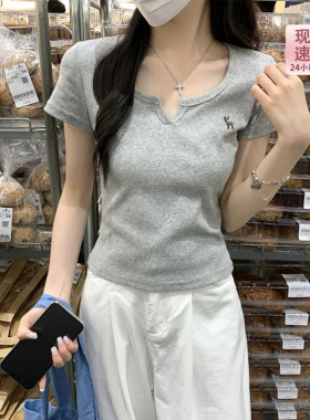 灰色正肩修身麋鹿刺绣v领短袖T恤女春夏季2026设计感显瘦短款上衣