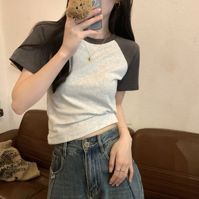 插肩T恤女短袖2024新款春夏季百搭显瘦设计感短款气质绝美小上衣图片
