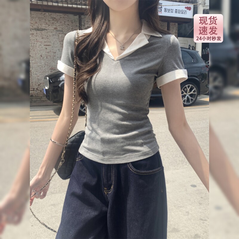 灰色辣妹polo领短款短袖T恤女夏季撞色假两件修身掐腰小个子上衣图片