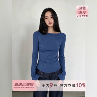 高智感海蓝色一字船领正肩长袖t恤女2026早秋修身内搭打底衫上衣