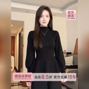 韩系黑色半高领灯笼袖修身针织打底衫毛衣女秋冬新款收腰内搭上衣