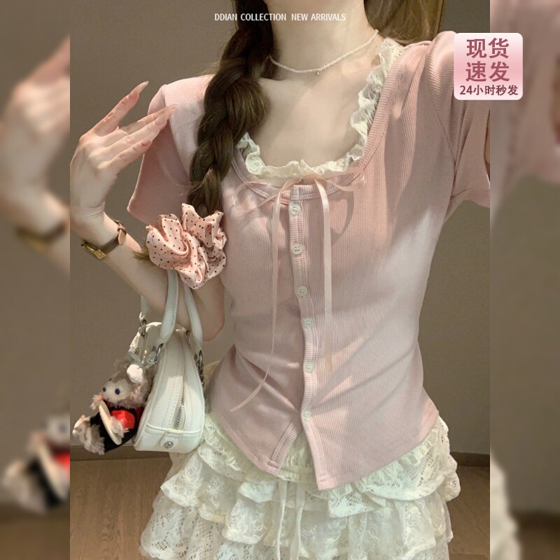 秀智粉色miu系假两件蕾丝拼接短袖T恤女夏季修身bm风掐腰u领上衣