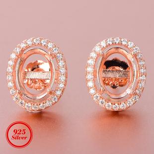 豪华围钻S925银镀金耳钉空托镶嵌椭圆3*5/4*6至9*11mm彩宝裸石托
