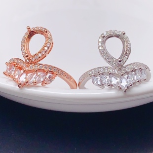 新款精工S925纯银豪华满钻设计款6*8mm水滴活口指环戒指空托