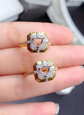 新款豪华经典个性S925银镀金戒指空托镶嵌三角5*5mm彩宝祖母绿托