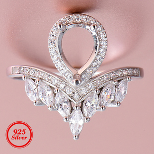 精工豪华皇冠S925银戒指空托镶嵌水滴6*8mm刻面彩宝固定圈口5/10#