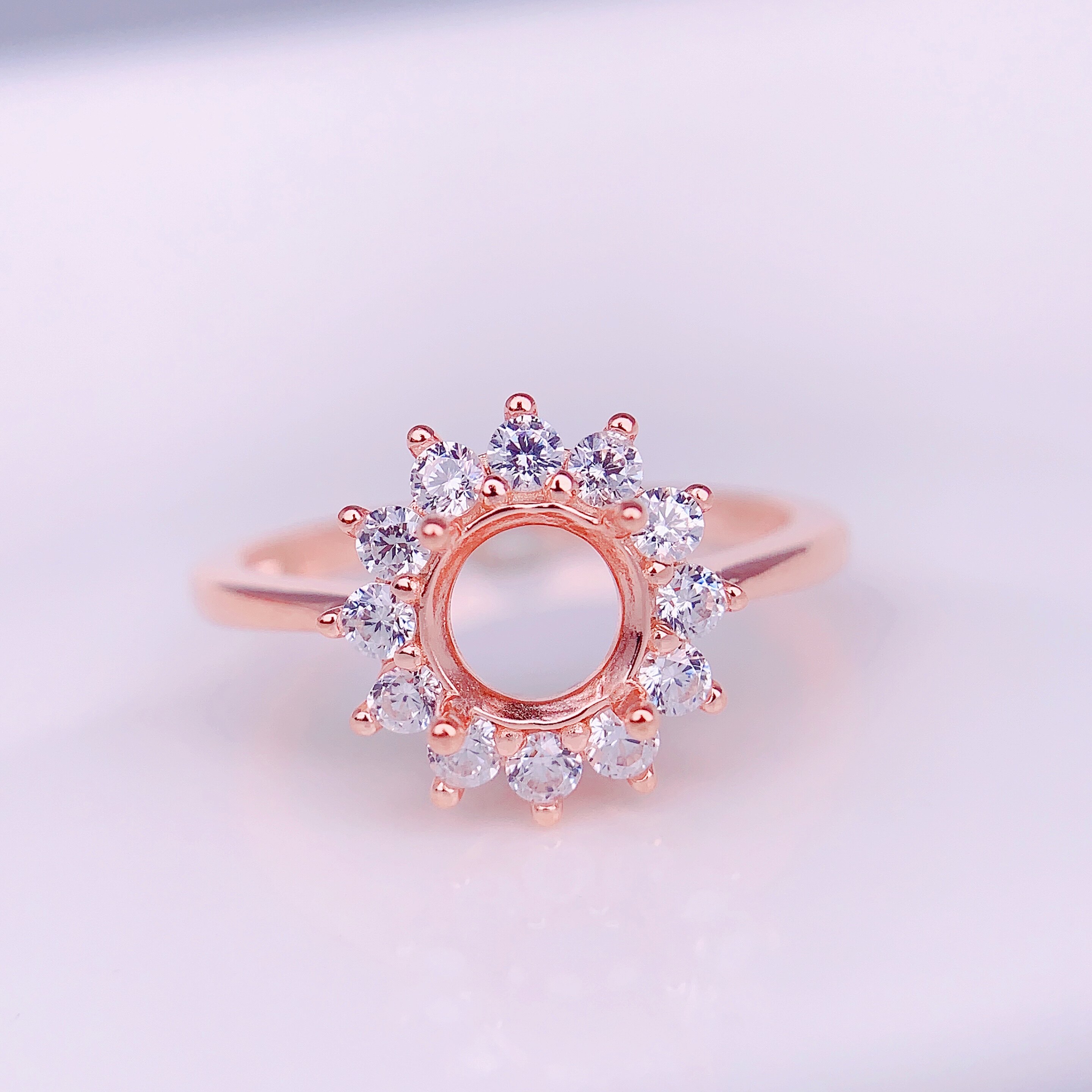 s925纯银镀18k金戒指空托固定圈豪华满钻太阳花戴妃款镶嵌圆形6/8