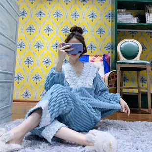 新女士睡衣珊瑚绒韩国版 法兰绒公主宫廷风家居服 grape秋冬季 pink