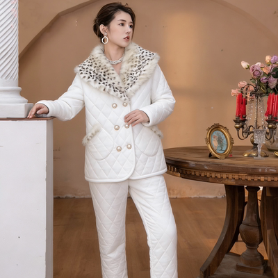 轻奢风丝绒白色外穿睡衣三层夹棉翻领冬女加厚加绒保暖家居服