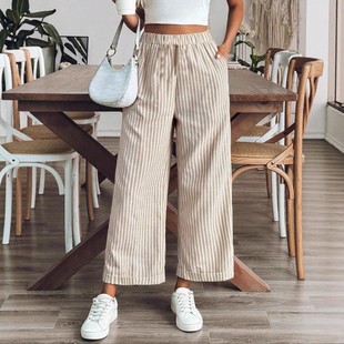 现货亚马逊速卖通欧美跨境女式 外贸服饰 条纹平角休闲口袋九分裤