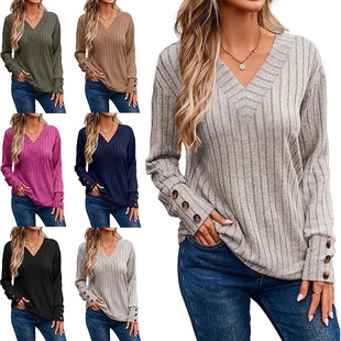 领衬衫 亚马逊女士长袖 纯色纽扣恤 秋冬新款 欧美跨境女装