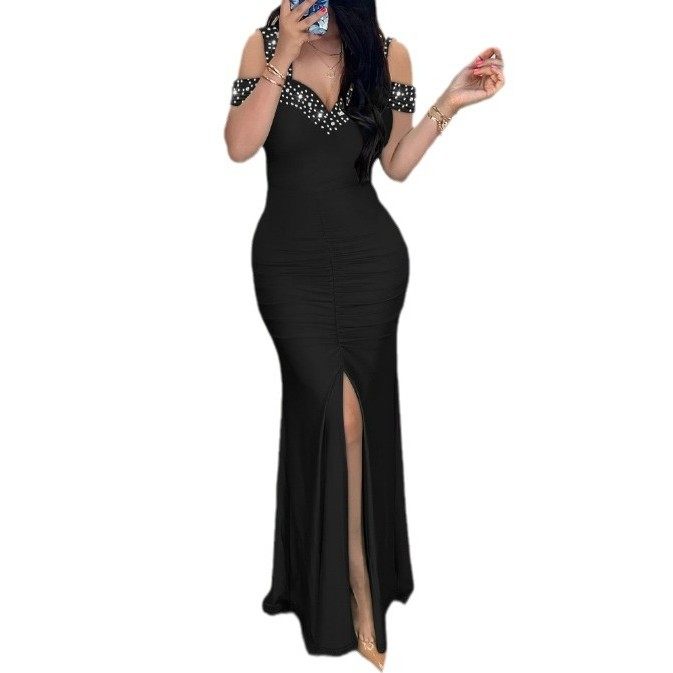 欧美外贸女装气质优雅烫钻露肩修身高腰包臀开叉连衣裙,个性定制/设计服务/DIY,连衣裙加工定制,淘宝优惠券,粉丝福利购,淘宝优惠卷