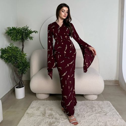 年欧美亚马逊跨境外贸新款女装优雅修身印花时尚气质长裙套装