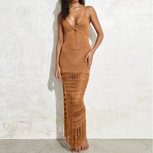 亚马逊性感吊带针织镂空沙滩罩衫 绑带流苏比基尼泳衣沙滩裙防晒衫