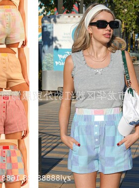 新品女装 夏季新款格子短裤热裤三分裤