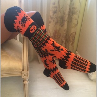 亚马逊速卖通欧美万圣节橙色蜘蛛女巫南瓜过膝长筒堆堆袜女