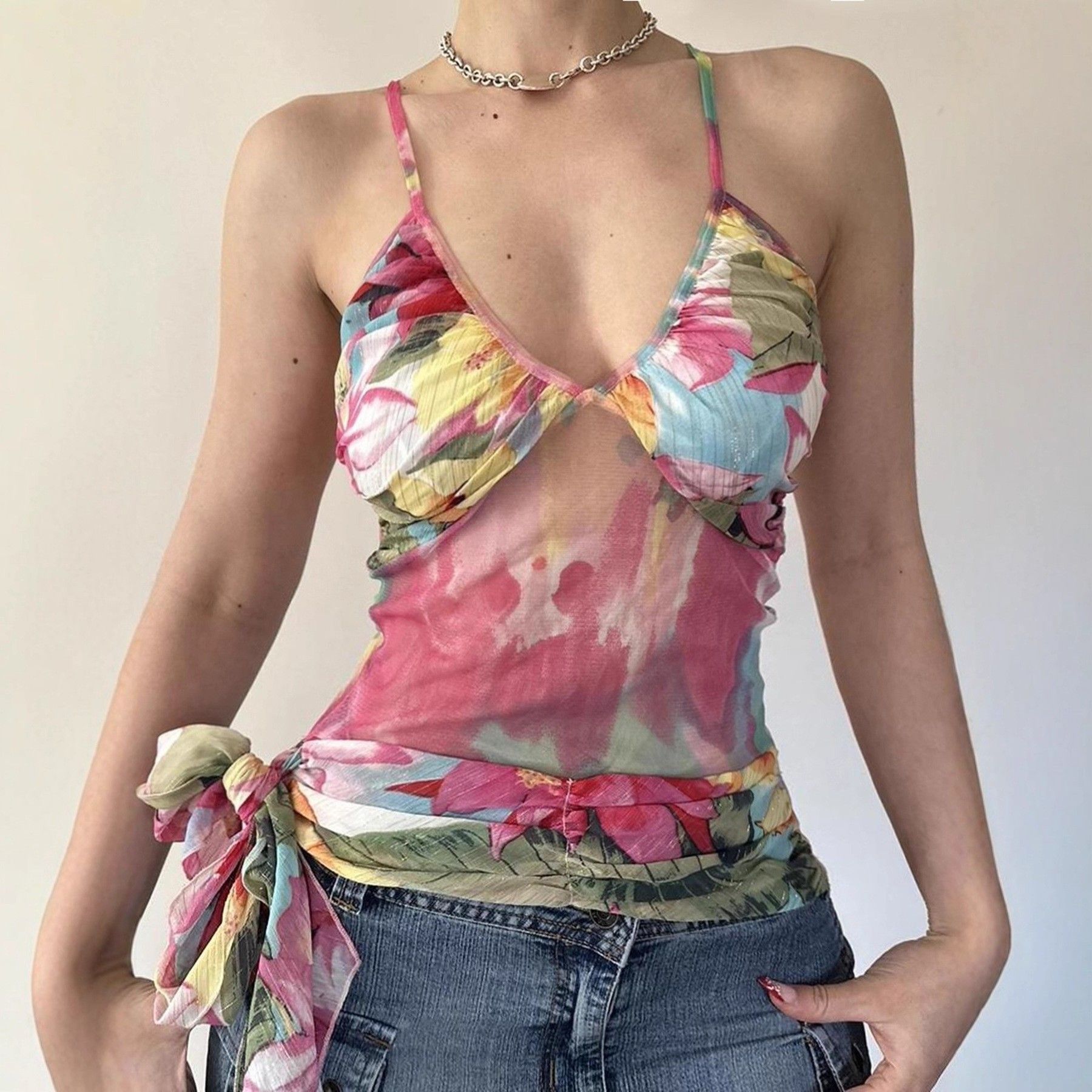 夏季浪漫花卉印花撞色性感网纱拼接辣妹系带修身胸型吊带背心